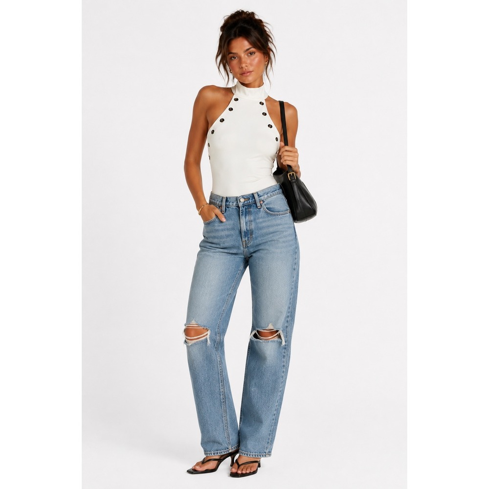 Manière De Voir Faux Leather Bodysuit 4 White Lace Up Halter Grommet Moto Edgy